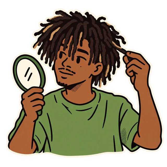 Cartoon de um homem negro com locs curtos e franja observando o cabelo em um espelho