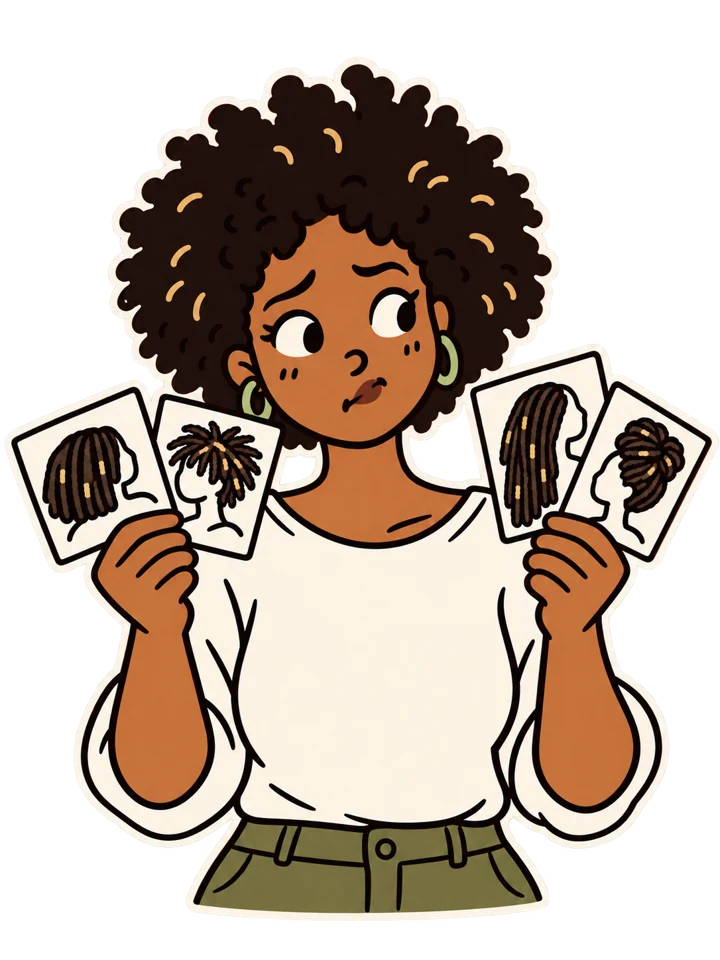 Cartoon de uma mulher negra com cabelo natural, confusa entre várias opções de estilos de locs que segura nas mãos