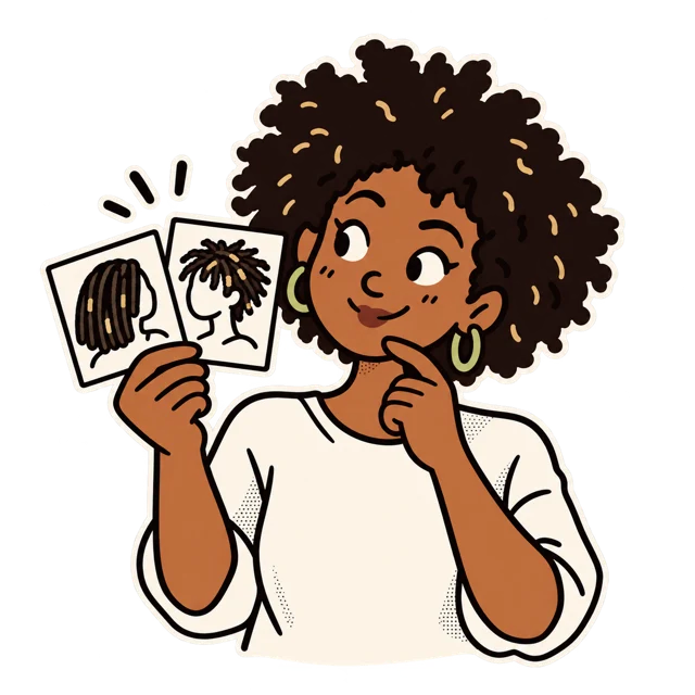 Cartoon de uma mulher parda com cabelo natural explorando referências de estilos de locs